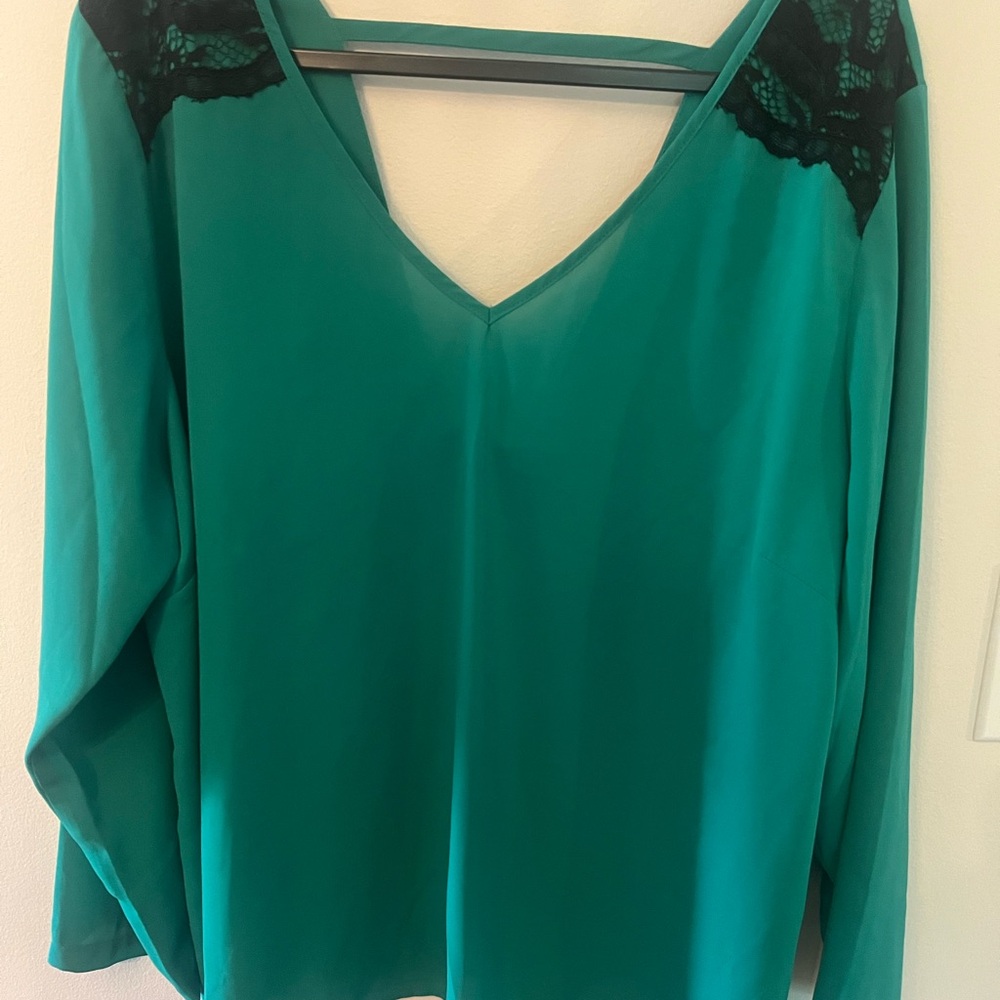 Eloquii Teal Top with Black Lace Shoulders